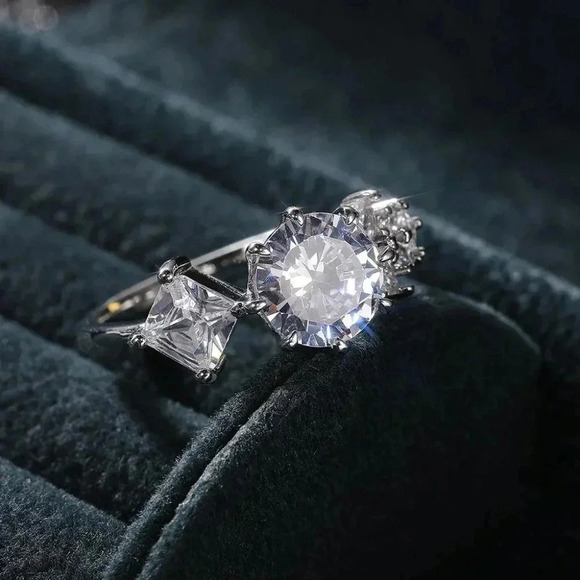 ▶CZ Square Leaf 925 Silver Plated Wedding/Engagement Ring for Women, K940 - Picture 9 of 10